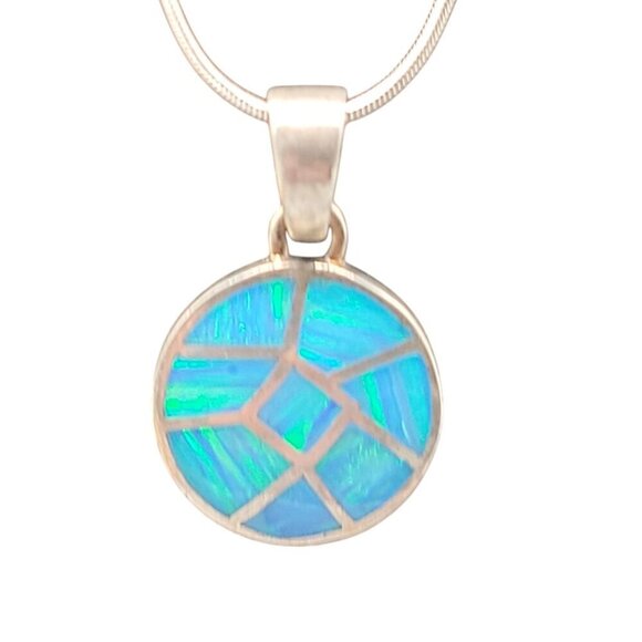 Sterling Silver Inlaid Blue Opal Pendant Necklace 16" Chain Signed ind0925 - Picture 13 of 16